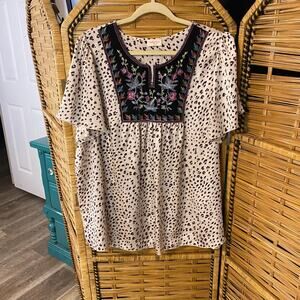 Hailey & Co 2XL Boho Embroider Animal Print Flutter Sleeve Tunic Top Made in USA